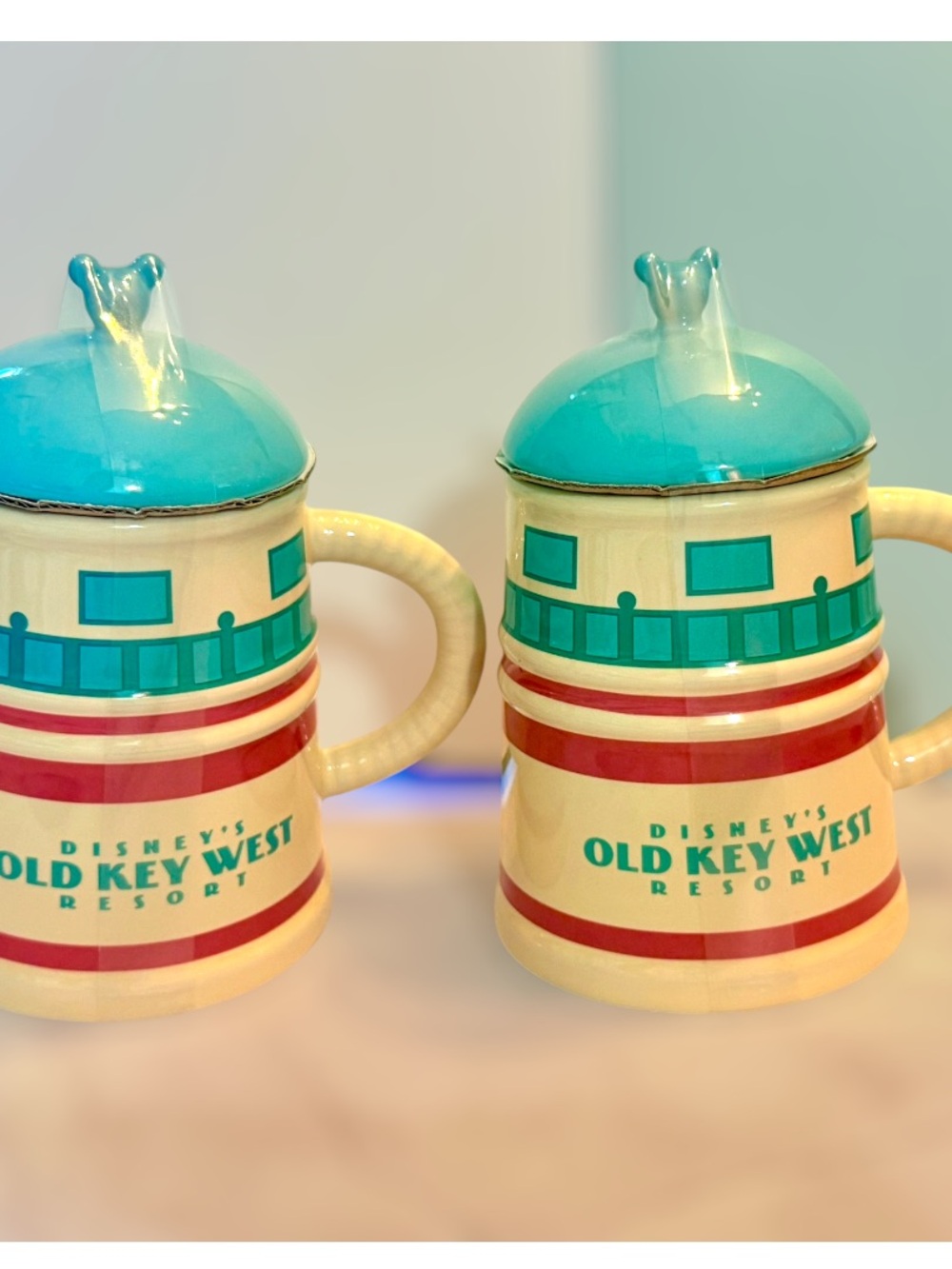Disney Old Key West Resort Ceramic Mug with Turquoise Lid & Red Stripes